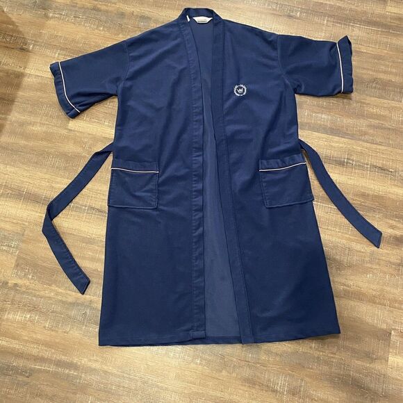 VINTAGE Montgomery Ward Navy Polyester Robe One Size Lounge Smoking Housecoat - Picture 1 of 10